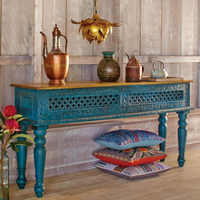 Console de salon en bois massif sculpté à la main, style ferme antique, écologique, finition bleue vieillie