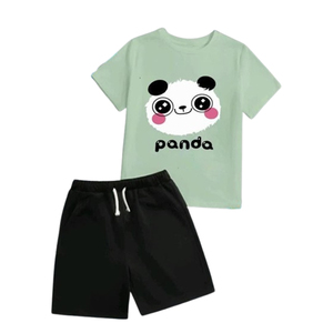 Ensemble t-shirt en coton imprimé panda mignon et short à cordon de serrage pour enfants, vêtements décontractés - Product Image 1