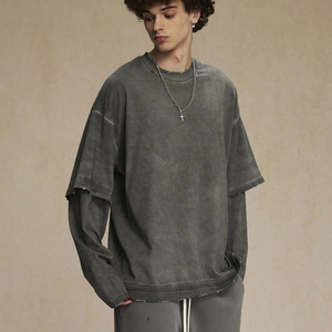 เสื้อยืดออกกำลังกายผู้ชาย OEM สองชั้น ระบายอากาศได้ดี เป็นมิตรกับสิ่งแวดล้อม ผ้าฝ้าย 100% แขนยาว แบบสองแขน 2-in-1 ด้านหน้าสามารถปรับแต่งได้ - Product Image 5