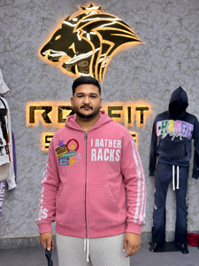 Sweat à capuche rose zippé pour homme, coupe oversize, style streetwear, en molleton, avec logo frontal et patchwork, manches classiques, pour l'automne - Product Image 6