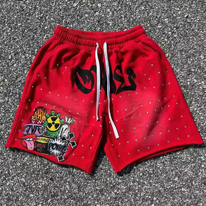 Pantalones cortos deportivos personalizados con estampado gráfico, de algodón 100% de alta densidad (400 GSM), con forro polar y pedrería, para ropa urbana. - Product Image 2