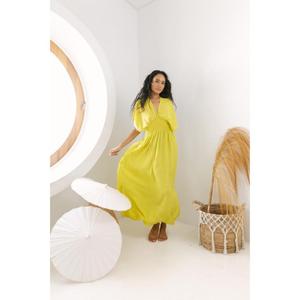 Vestido Maxi Elegante Amarillo para Mujer, 100% Algodón Ecológico, Cuello en V Profundo, Manga Abullonada, Estilo Boho Casual para Playa o Fiesta de Verano - Product Image 5