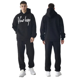 Conjunto Deportivo de Dos Piezas para Hombre, Sudadera Corta con Capucha y Pantalones Anchos de Felpa Negra, Ropa Deportiva Casual - Product Image 1