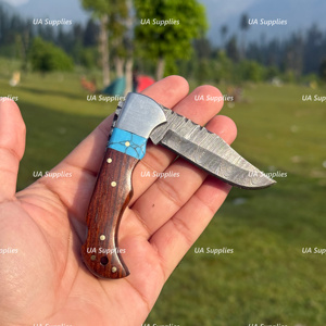 Damascus Steel Drop Point Camping Knife With Wood Handle And Turquoise Inlay Folding Pocket Knife EDC Outdoor <b>Tool</b> - Product Image 5