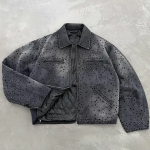 Veste en jean noire matelassée en toile pour homme, style streetwear, coupe ample, zippée, légère, séchage rapide, respirante, avec logo frontal - Product Image 1