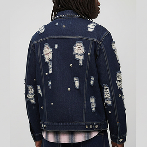 Veste en jean déchirée et vieillie pour homme, style streetwear, fermeture boutonnée, 100% coton, coupe classique, couleur unie, lavable, pour l'automne - Product Image 3