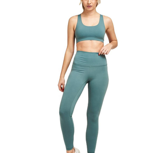 Ensemble de yoga 2 pièces pour femme, couleur turquoise unie, legging taille haute et brassière de sport à bretelles croisées, sans couture, extensible dans les quatre sens, longueur intégrale - Product Image 3