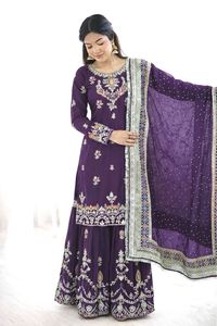 Party Traditional Indian Festive Faux Georgette Top with Embroidery Sequence Work Palazzo and Dupatta with Heavy Embroidery Work - Product Image 5