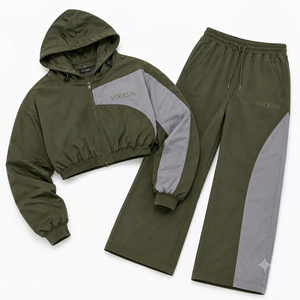 Vocksin <b>Women's</b> Olive Green Cropped Hooded Windbreaker Tracksuit Waterproof Zipper <b>Jacket</b> Fleece Lining Quick-Dry Wide Leg - Product Image 4