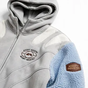 Custom Sherpa <b>Sleeve</b> Zip Up <b>Hoodie</b> Hybrid Polar Fleece Panel Detail Boxy Cropped Color Block Streetwear <b>Hoodie</b> - Product Image 5