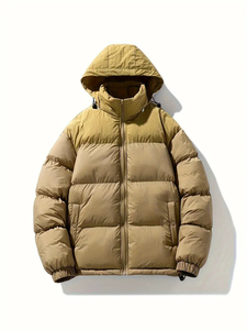 Men's Hooded Quilted Puffer <b>Jacket</b> Stand Collar Zipper Closure Thick Winter Casual Loose Fit Solid Color Windproof - Product Image 1