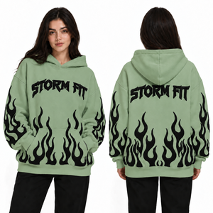 Sweat-shirt à capuche surdimensionné personnalisé pour femme, imprimé flamme verte, en coton tricoté, écologique, coupe-vent, streetwear, hiver - Product Image 1