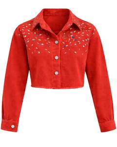 Chaqueta Vaquera Roja Corta Personalizada para Mujer con Adornos de Diamantes de Imitación en el Pecho, Botones y Manga Larga, Estilo Urbano - Product Image 1
