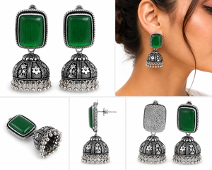 Pendientes Jhumka de Plata Oxidada Antigua con Piedra Ojo de Gato Verde, Hechos a Mano, Estilo Étnico Vintage, Colgantes para Mujer, Joyería al por Mayor - Product Image 4
