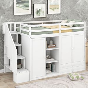 Letto a Soppalco Funzionale Bianco per Bambini con 3 Ripiani, 2 Armadi, 2 Cassetti, Scala e Spazio di Archiviazione, Senza Necessità di Rete a Doghe - Product Image 1