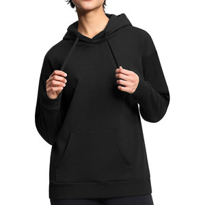 <b>Women's</b> Pullover <b>Hoodie</b> Solid <b>Black</b> Casual Long Sleeve Drop Shoulder Hooded Sweatshirt with Front Pocket - Product Image 1