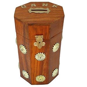 Wooden Money Box With Brass Accents And Key Lock Square Coin Saving Box For Kids And Adults Home Decor Item - Product Image 3