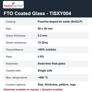 Vidrio Conductor FTO de 50x50 mm, 2.2 mm, 15 Ohm/sq, Vidrio de Óxido de Estaño Dopado con Flúor para Dispositivos Electrocrómicos y de Película Delgada - Product Image 2