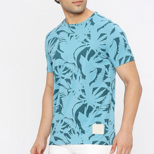 T-shirt à manches courtes pour homme, bleu clair, imprimé tropical, col rond, coupe classique, jersey tricoté décontracté - Product Image 3