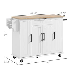 Carrello da Cucina Moderno Bianco con Piano in Legno Naturale, Cassetti Regolabili, Portasciugamani, Mobile Ecologico in Quercia, MDF e Marmo - Product Image 3