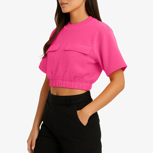 <b>Bubbles</b> Summer Crop <b>Top</b> Pink Short Sleeve Crew Neck Loose Fit Solid Color Pocket Detail Casual Wear Spring Cropped T-Shirt - Product Image 2