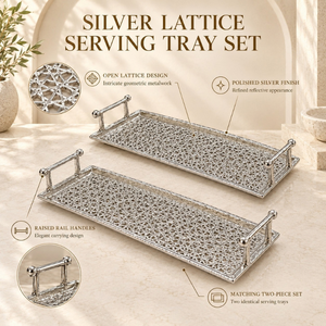 Artistic Silver Finish Aluminium <b>Lattice</b> Serving Trays with Raised Rail Handles | Geometric Decorative Tabletop Serving Platters - Product Image 5