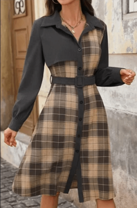 Vestido midi tipo camisa con cinturón y estampado de cuadros para mujer – Ropa informal vintage para otoño - Product Image 4