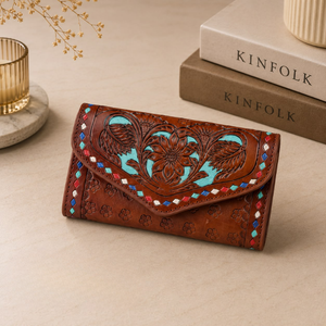 Hand Tooled Genuine Leather Women's <b>Wallet</b> Handmade Floral Turquoise Inlay <b>Long</b> <b>Wallet</b> Vintage Western Bifold Cash <b>Wallet</b> women - Product Image 1