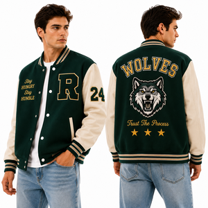 Men's Navy Cream Varsity Letterman <b>Jacket</b> With Embroidered Hawk Mascot Back Front Chenille <b>Patches</b> Custom Team Apparel For Clubs - Product Image 3