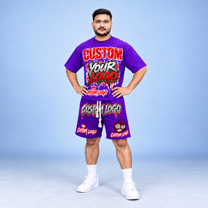 ชุดเสื้อยืดและกางเกงขาสั้นพิมพ์ลายตามสั่งสำหรับผู้ชาย ชุดสตรีทแวร์เข้าชุด ผู้ผลิต OEM รับผลิตโลโก้ตามสั่ง ขายส่ง OEM - Product Image 4
