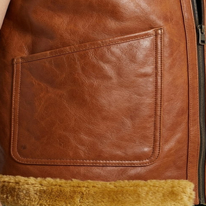 Gilet en cuir véritable pour homme de qualité supérieure avec col et ourlet en fourrure, fermeture éclair, vêtement d'extérieur décontracté pour l'hiver, respirant - Product Image 6