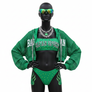 ชุดบิกินี่พรีเมียม โพลีเอสเตอร์ผสมสแปนเด็กซ์ สีเขียว ผ้าเนื้อยืด ประดับคริสตัล แผ่นปักลาย  รับสกรีนโลโก้ตามแบบ ชุดบิกินี่สำหรับผู้หญิง - Product Image 4