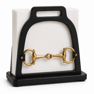 Porta Servilletas Metálico Inspirado en el Equino con Detalles de Brida de Caballo, Marco Curvo, Acabado Plateado Cepillado, Base Estable y Funcional - Product Image 1
