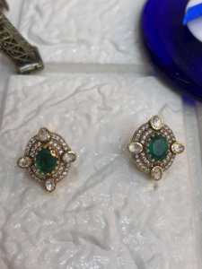 Vintage Gold Plated <b>Stud</b> <b>Earrings</b> With Green <b>Crystal</b> And Rhinestone Bezel Setting Geometric Design Women's Everyday Wear jewelry - Product Image 1