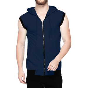 Sweat à capuche zippé sans manches en molleton épais 100 % coton bleu marine de haute qualité pour homme, idéal pour l'hiver, la gym et le sport, brodé et teint uni - Product Image 1