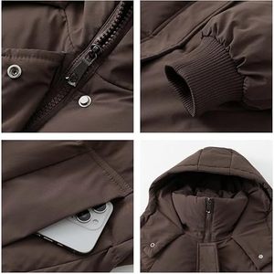 Veste matelassée longue à capuche pour femme, marron uni, manches longues, fermeture éclair, manteau d'hiver chaud avec capuche amovible, fibre de polyester F - Product Image 6