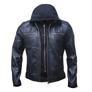 Veste en cuir véritable à capuche noire pour homme, style motard, fermeture éclair, coupe-vent, doublure en fausse fourrure, vêtement d'automne - Product Image 5