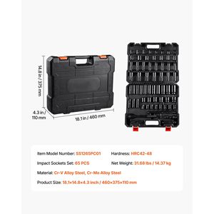 Set di Bussole a Impatto Profonde e Standard 65 Pezzi da 3/8'' SAE a 1 1/4'' Metrico e 1/2'' CR-V Cr-Mo, 6 Punte Misure 19mm e 18mm - Product Image 5