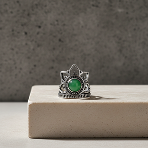Majestic Lotus Natural Green Onyx <b>Silver</b> Plated Bohemian Style Statement <b>Ring</b> for Women - Product Image 4