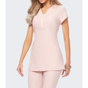 Haut de travail rose à manches courtes et col en V pour femme, idéal pour salon de beauté, personnalisable avec logo, respirant, 65% polyester 35% coton, Wexturn Wears, tailles XS-5XL - Product Image 6