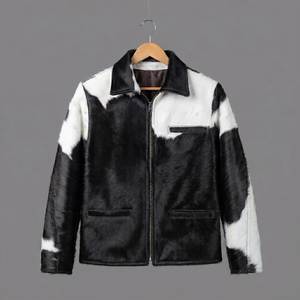 Veste en cuir de vachette noir et blanc pour homme, col rabattu, fermeture éclair, imprimé animal, vêtement d'hiver décontracté, doublure en fausse fourrure épaisse - Product Image 2