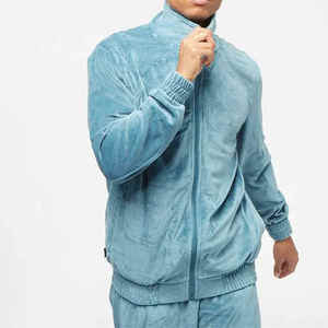 Survêtement en molleton bleu clair pour homme, fermeture éclair intégrale, col montant, vêtements de sport décontractés, couleur unie, vêtements d'automne, coupe régulière avec poches latérales - Product Image 5