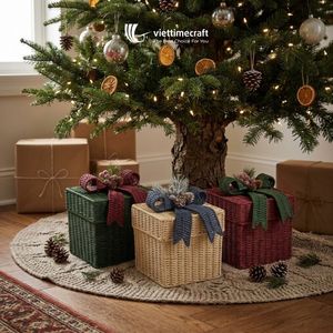 Cesta de regalo de mimbre navideña, cesta de almacenamiento ecológica con lazo de cinta para decoración del hogar y fiestas - Product Image 4
