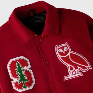 Blouson universitaire streetwear rouge pour homme, broderie hibou et lettre S sur le devant, style preppy, col rabattu, pour l'hiver - Product Image 4