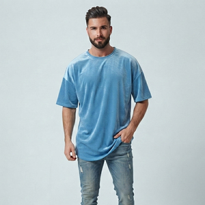 เสื้อยืดลำลองคอกลมแขนสั้นผ้าถักกำมะหยี่สำหรับผู้ชายทรงโอเวอร์ไซส์ระบายอากาศได้ดีสีพื้น - Product Image 4