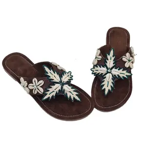 New Arrivals Traditional Unique Fashion Style Crystal Beaded Sea Shell Leaf Shape Women Leather Flip Flops Slippers