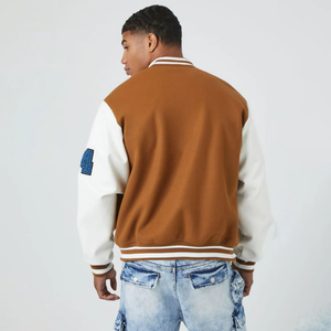 Men's Brown White With Embroidered Letter Patch Preppy Style Regular <b>Fit</b> Turn-down Collar Button Closure Varsity <b>Jacket</b> For Sale - Product Image 6
