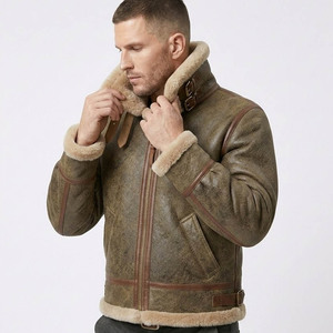 <b>Men's</b> Genuine <b>Leather</b> Aviator <b>Jacket</b> With Fur Lining Zipper Closure Winter Moto Biker Style Thick Windproof Turn-down Collar - Product Image 3