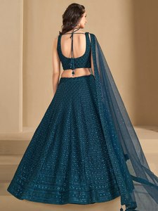 Blue Satin <b>Sequin</b> Embroidered A-Line Maxi Traditional Evening Dress V-Neck Sleeveless Party Wear Bridal Event Outfit - Product Image 4