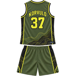 Conjunto de Uniforme de Baloncesto Personalizado para Hombre, Color Verde Oliva y Negro, Jersey sin Mangas con Cuello en V, Pantalones Cortos con Estampado de Contorno Amarillo, Números de Equipo, Kits al por Mayor - Product Image 2